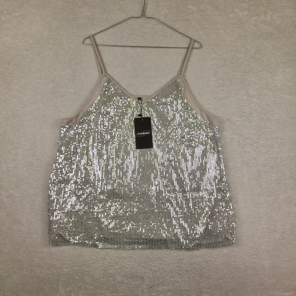 Fashion Silver Sequin Camisole V-Neck Adjustable Strap Tank Top 2XL